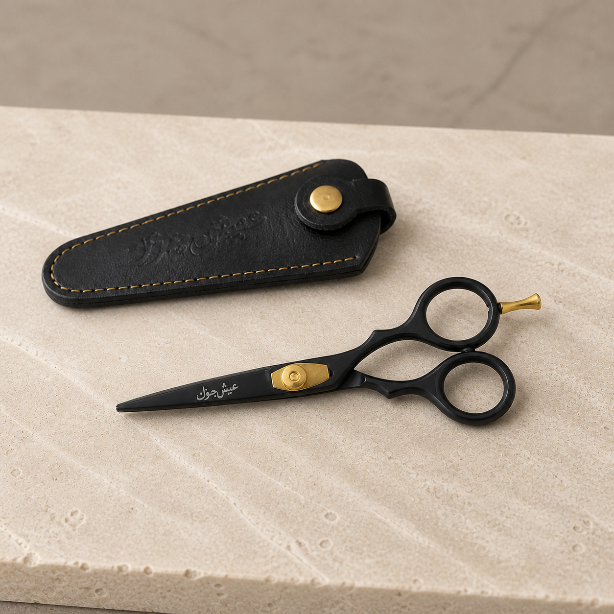 Black and gold Diggn'It beard and moustache scissors beside their black pouch