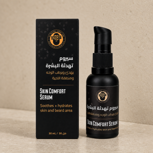 Diggn'It Skin Comfort Serum 30 mL bottle and carton in a restrained premium hero scene
