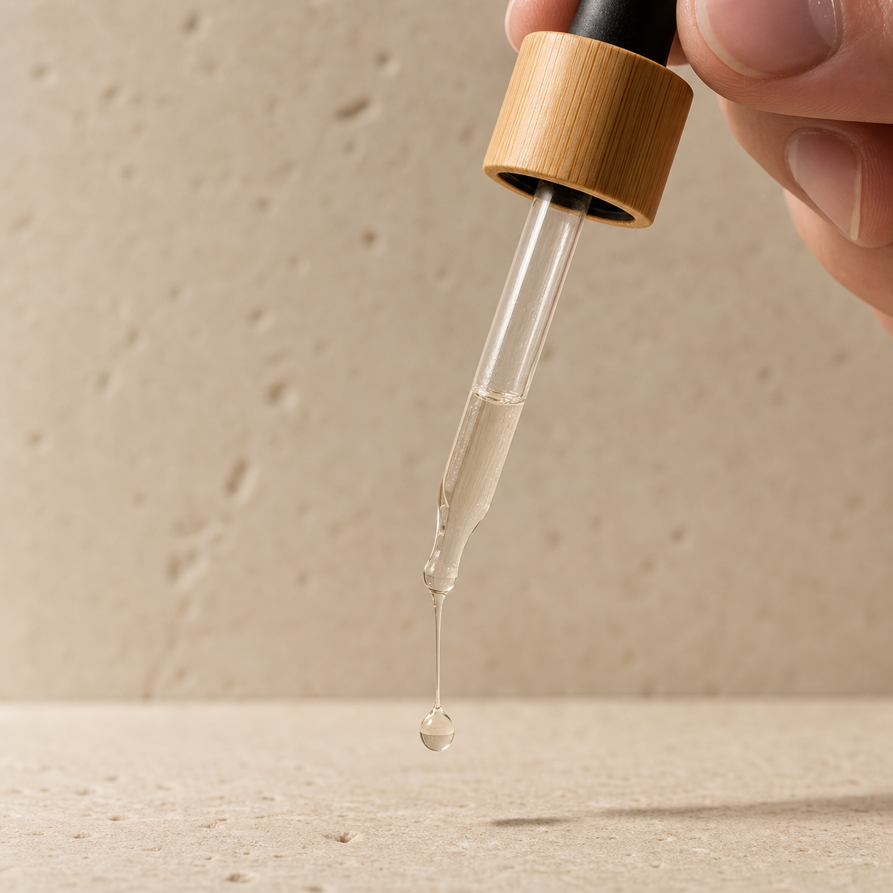 Clear pale Arabian Hair Oil drop from a glass pipette