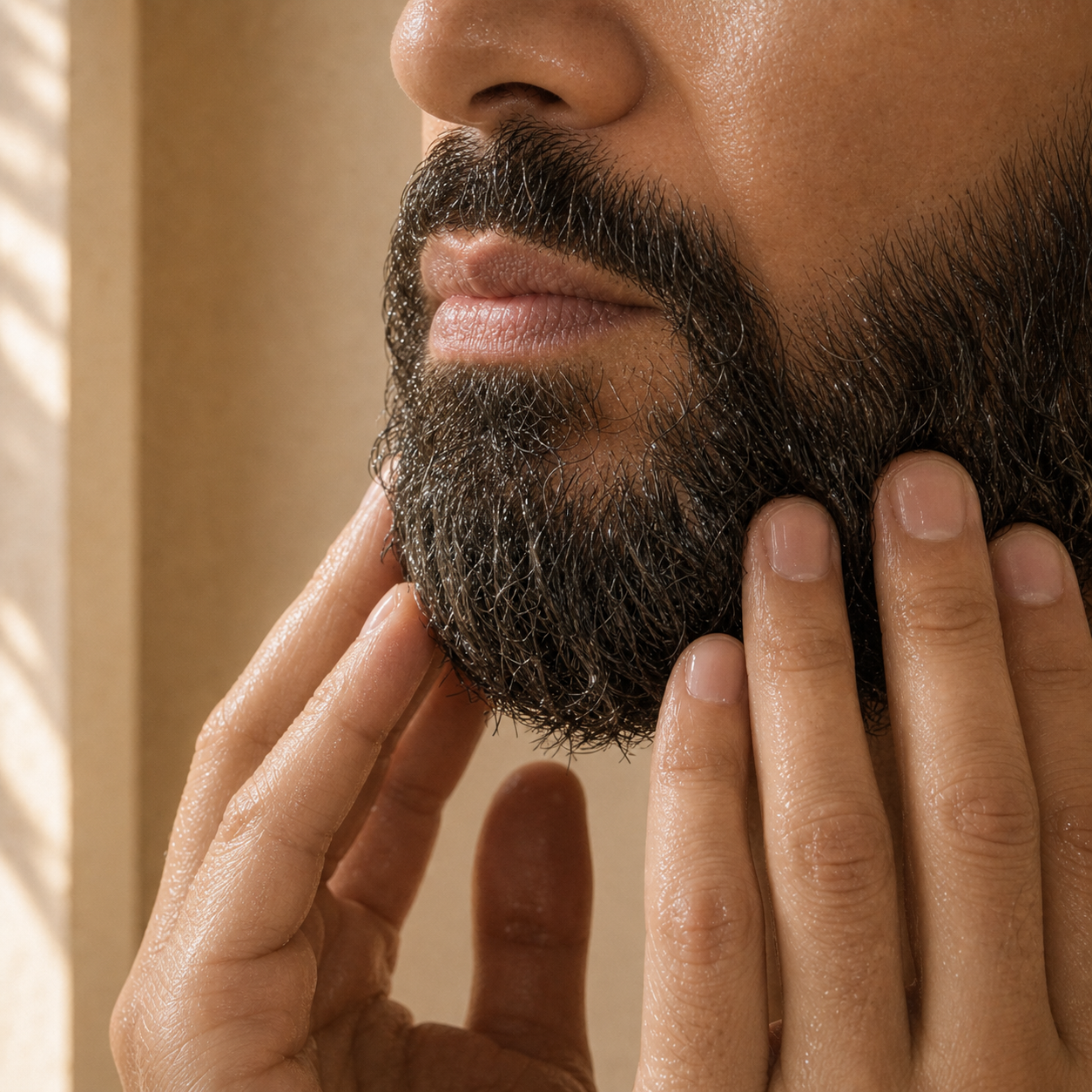 Man applying Diggn'It Beard Softener through a damp beard in the shower