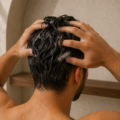 Working restrained shampoo lather through wet hair as the cleansing step in the Complete Hair Care Routine