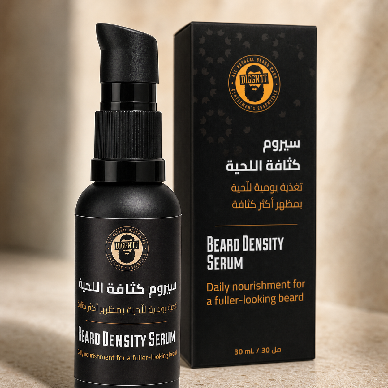 Diggn'It Beard Density Serum pump package, label and carton material detail