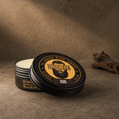 Diggn'It Oud Arabian Beard Balm open tin beside dark aged wood