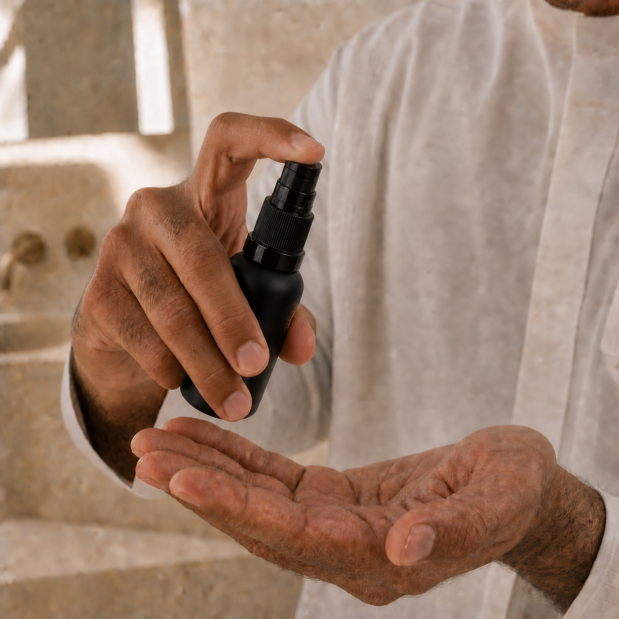A hand preparing to press the straight exposed pump of Skin Comfort Serum