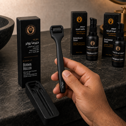 A hand holding the Diggn'It Derma Roller above its single protective tray with both closed serums kept separate