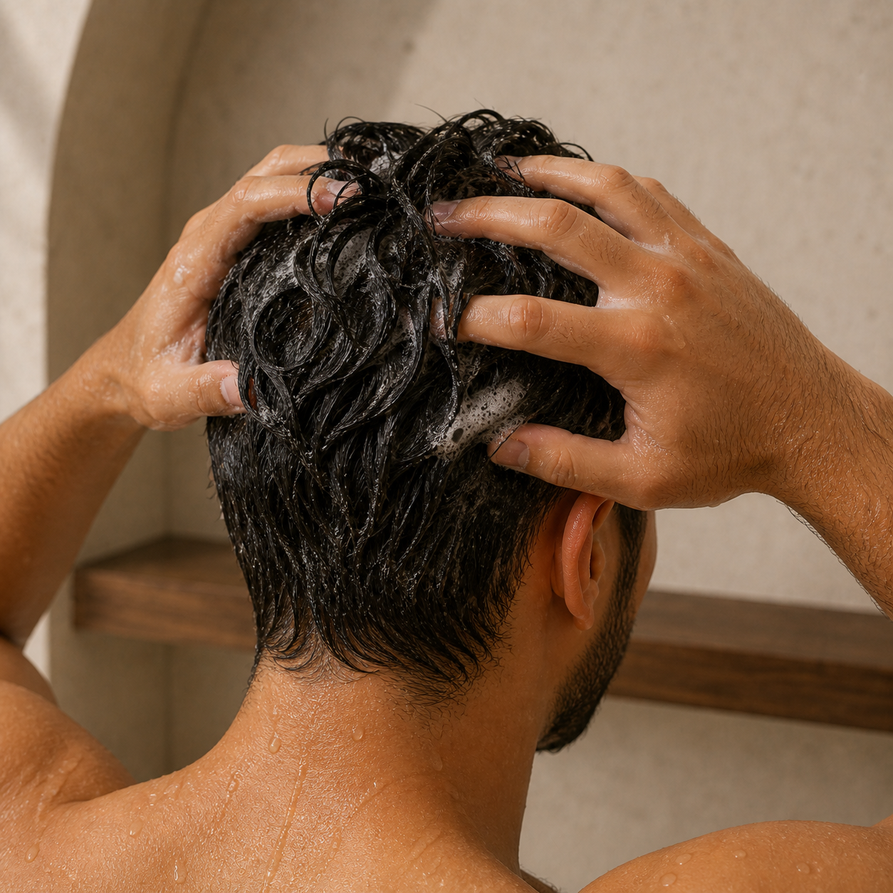 A man gently working restrained shampoo lather through wet hair