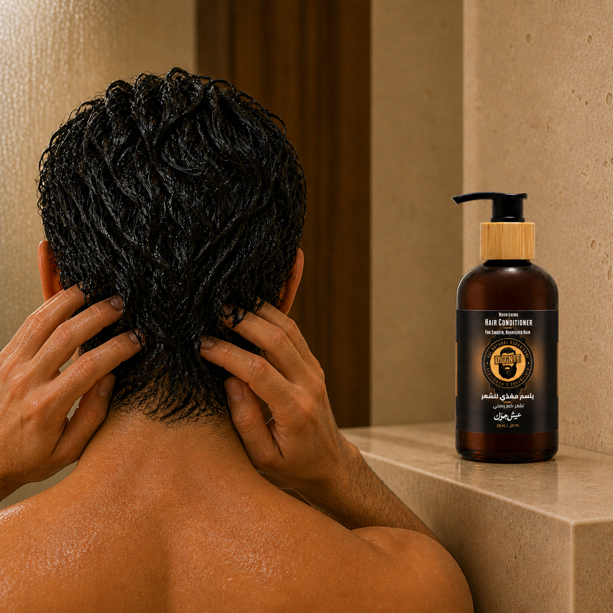Applying Diggn'It Nourishing Hair Conditioner through damp hair