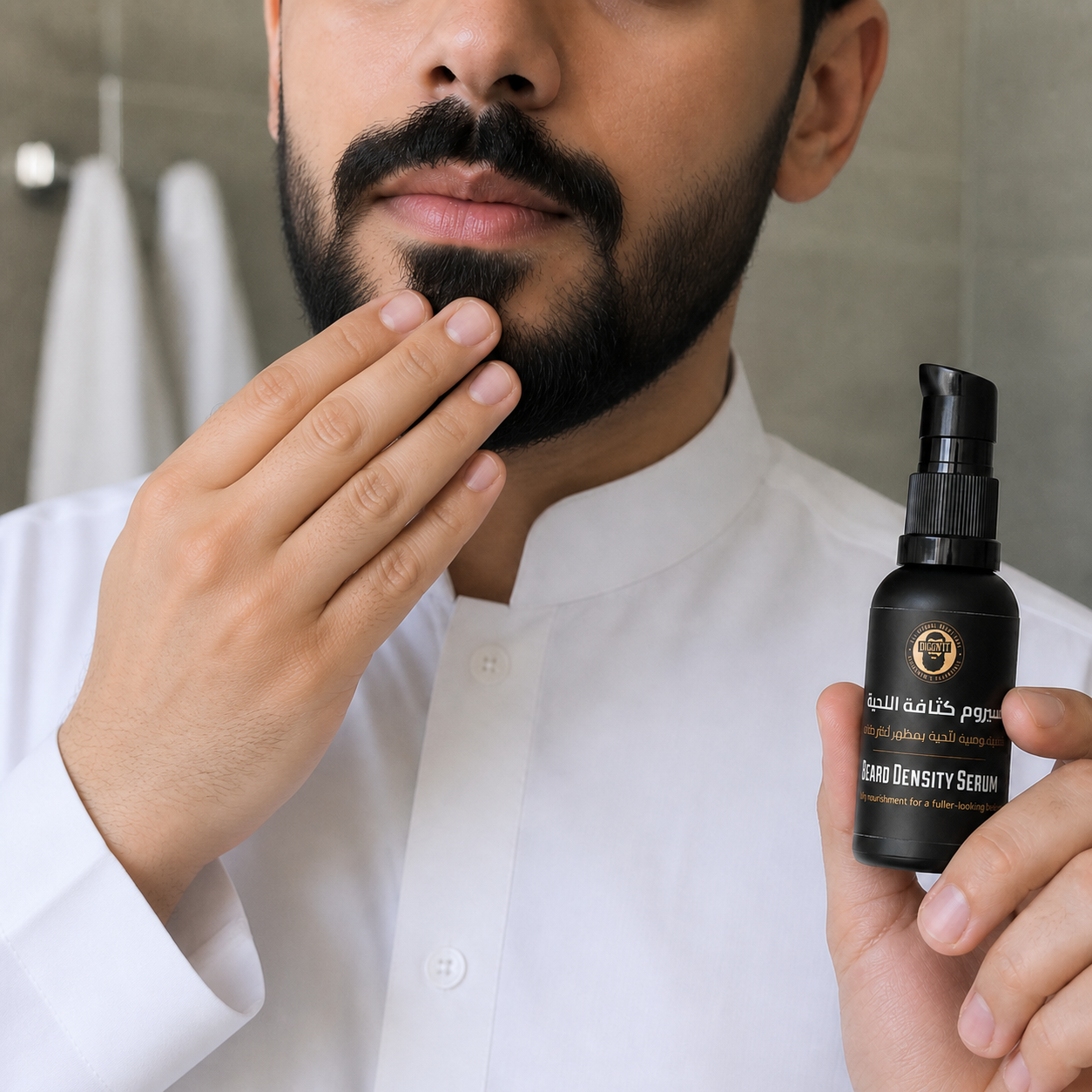 A man gently applying Beard Density Serum to the beard area below his mouth