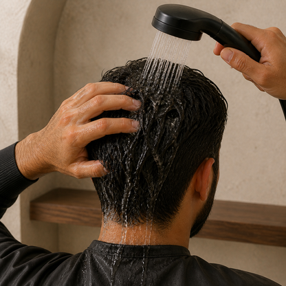 A man rinsing shampoo thoroughly from wet hair