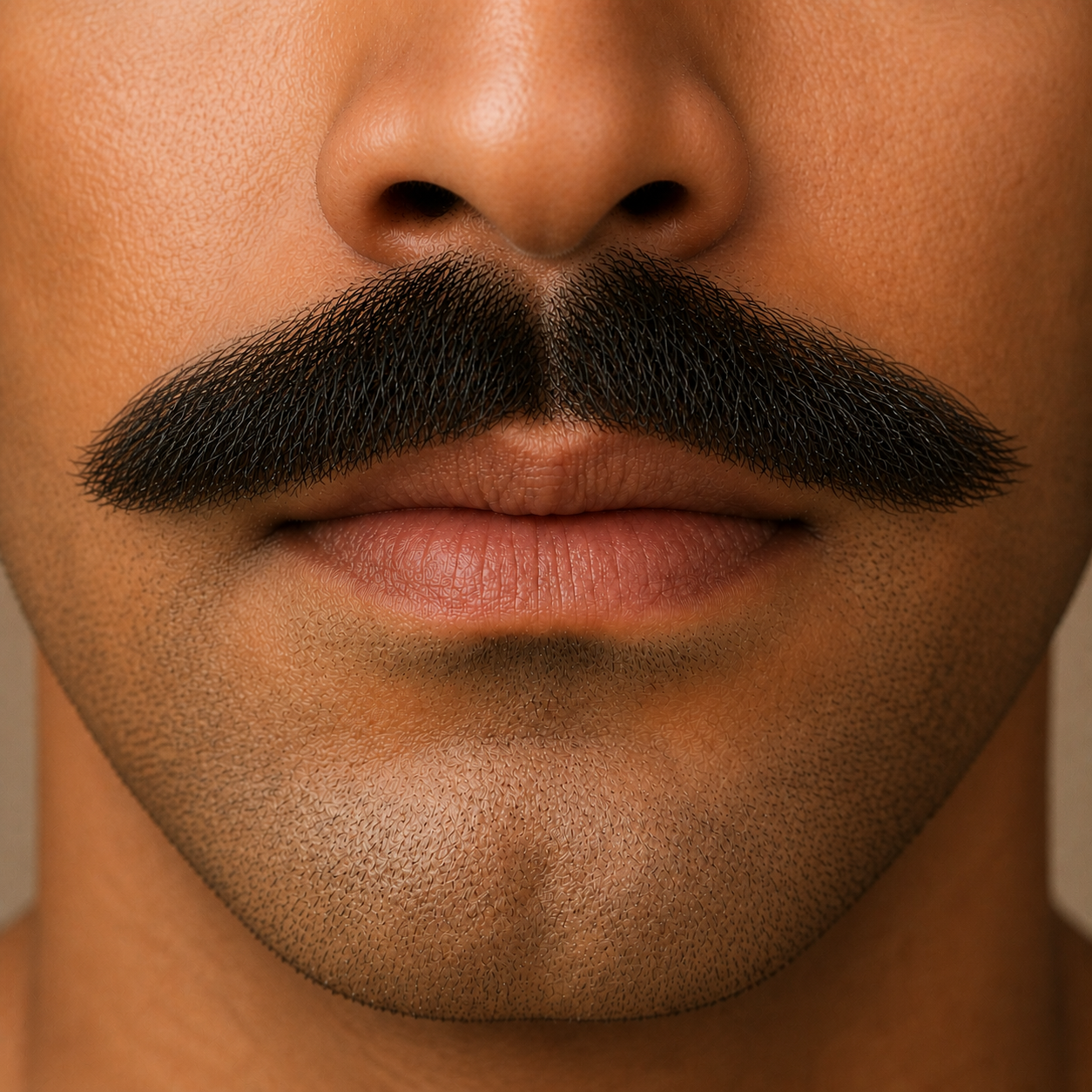 A balanced classic-straight mustache after shaping with wax