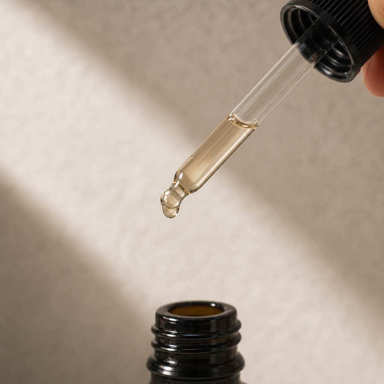 Glass pipette holding Diggn'It Arabian Beard Oil above an open bottle
