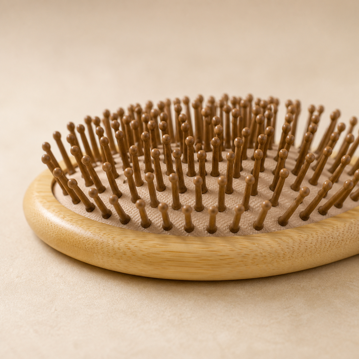 Close-up of the rounded pins, cushioned base, and bamboo rim of the hair brush