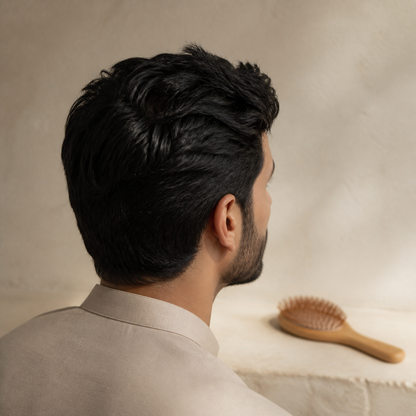 Naturally groomed hair with the bamboo hair brush resting nearby