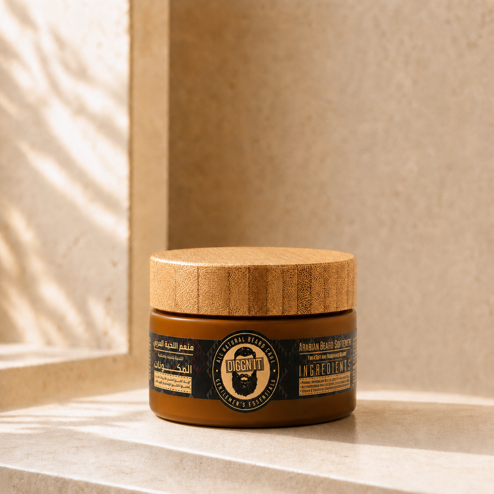 Diggn'It Beard Softener jar on a warm ivory mineral surface