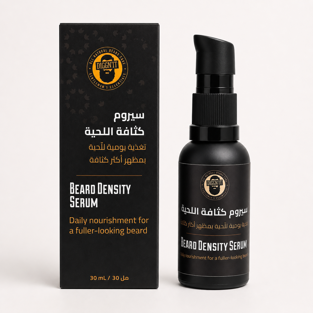 Diggn'It Beard Density Serum bottle and bilingual retail box on a clean white ecommerce background