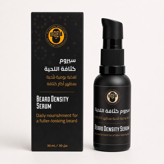 Diggn'It Beard Density Serum bottle and bilingual retail box on a clean white ecommerce background