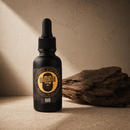 Diggn'It Oud Arabian Beard Oil bottle beside aged wood