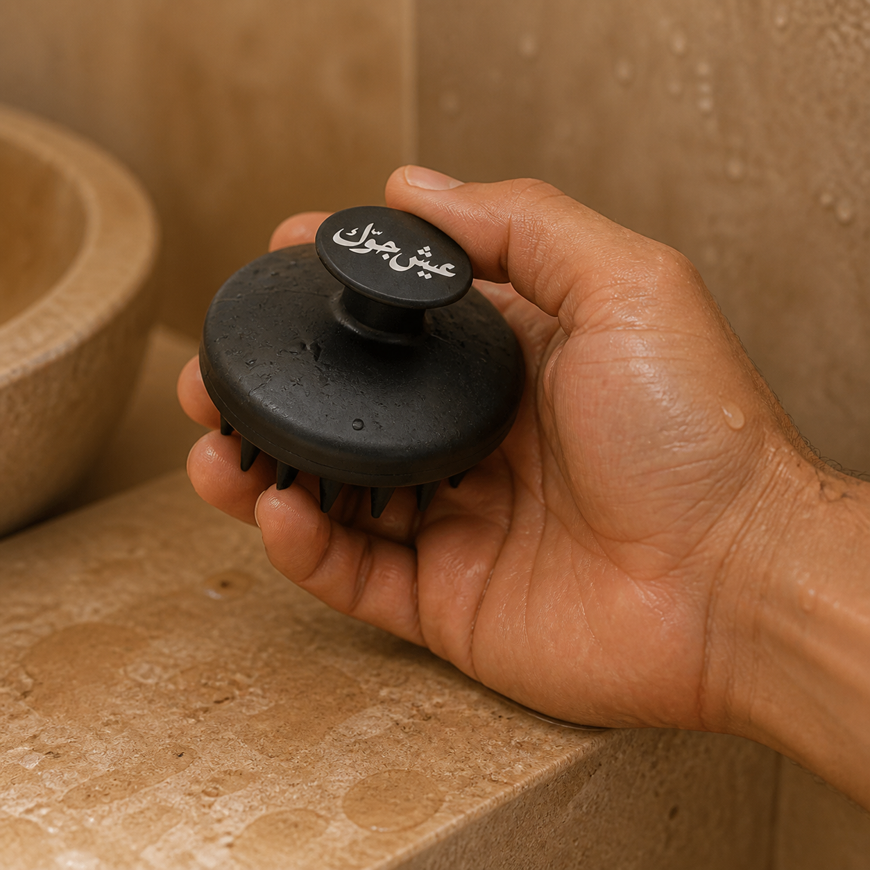 Hand holding Diggn'It Beard and Hair Scrubber by its integrated top grip