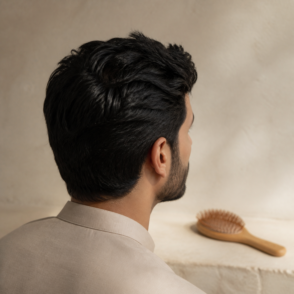 Naturally groomed hair with the Eco-Friendly Bamboo Hair Brush resting nearby