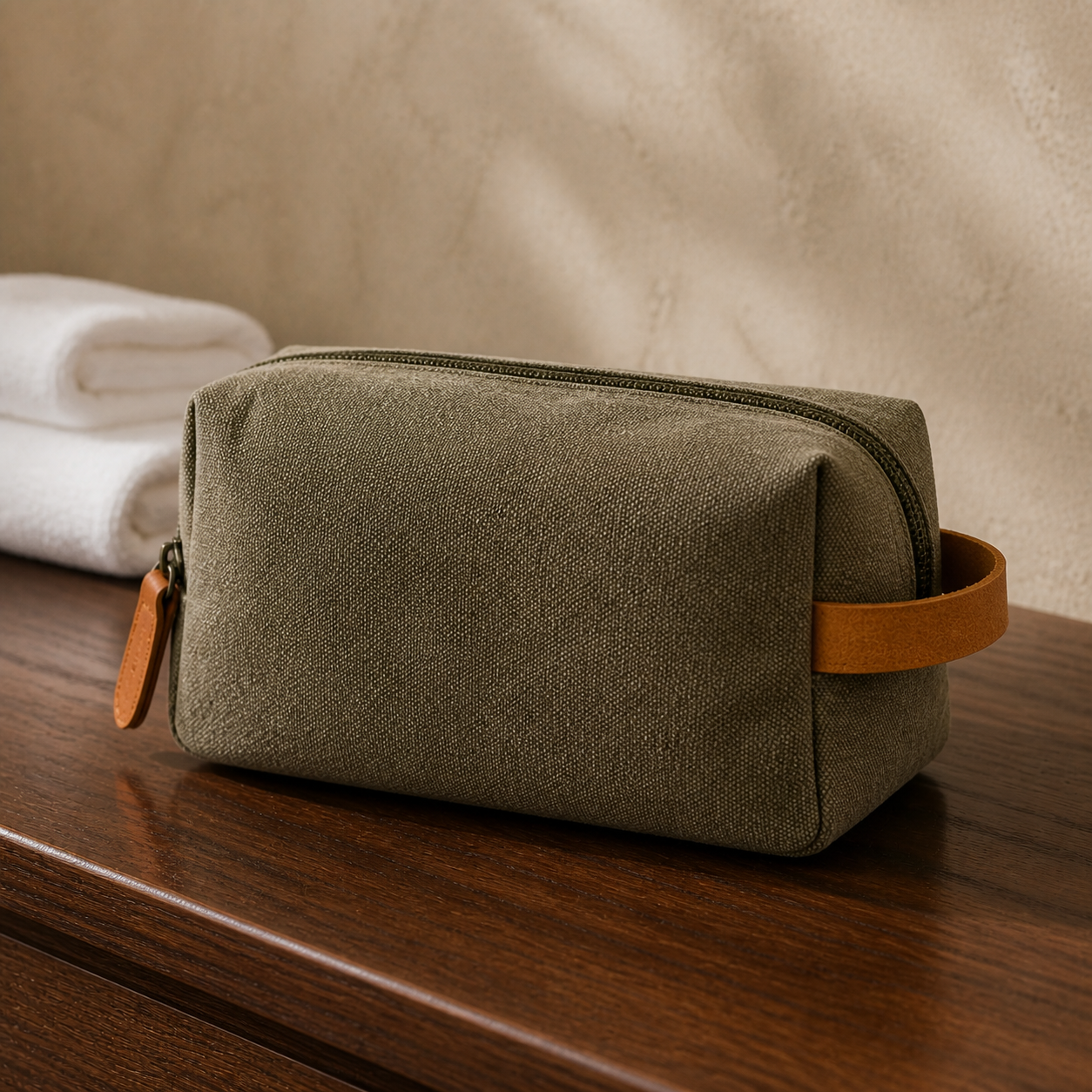 Diggn'It Men's Travel Bag resting on a warm walnut grooming counter