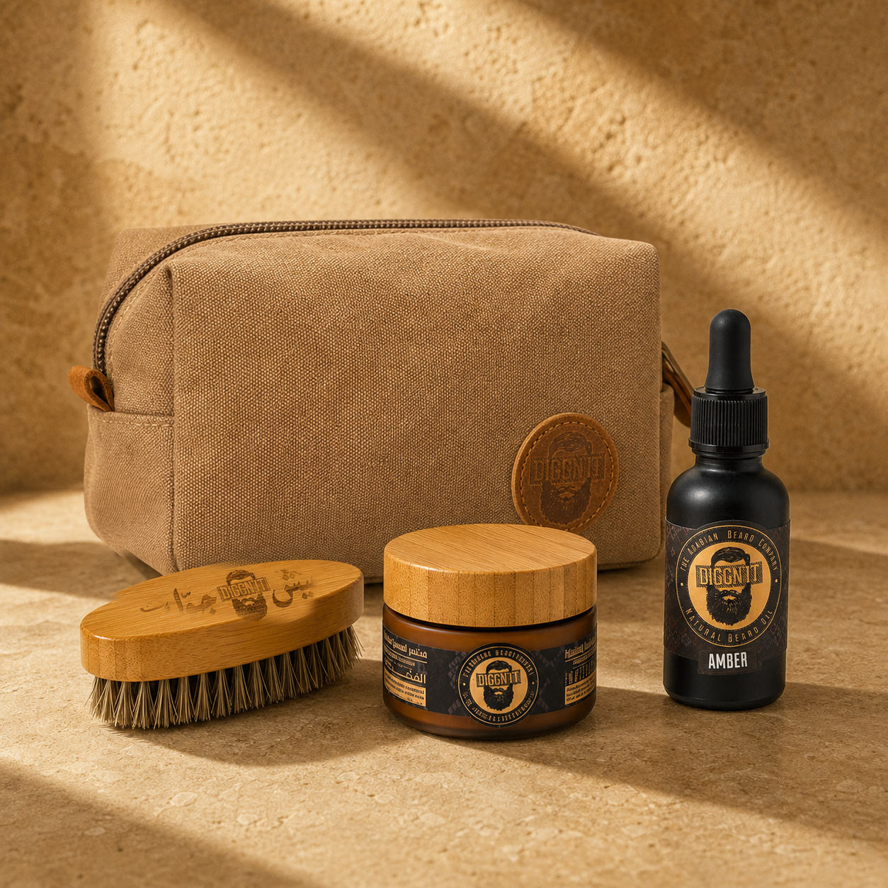 Diggn’It Giftable No-Brainer Kit with Amber scent and Canvas Brown travel bag
