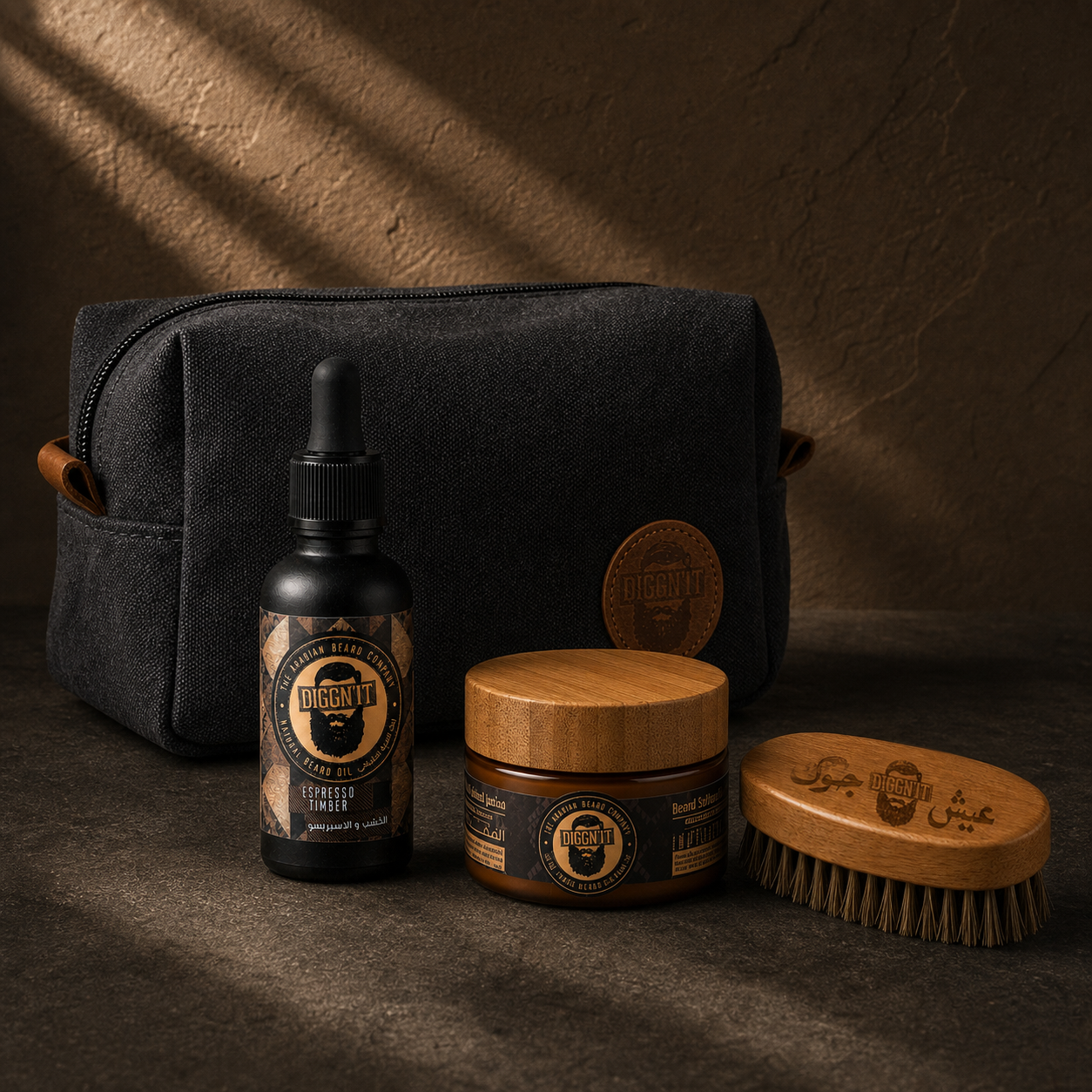 Diggn’It Giftable No-Brainer Kit with Espresso Timber scent and Canvas Black travel bag