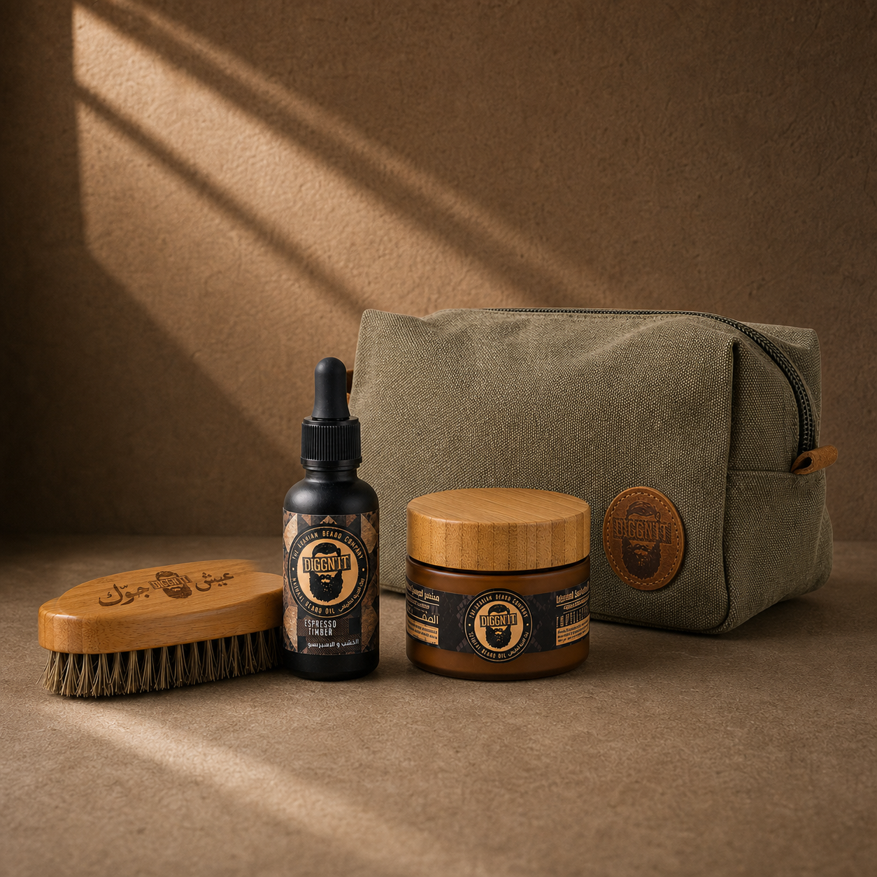 Diggn’It Giftable No-Brainer Kit with Espresso Timber scent and Canvas Green travel bag