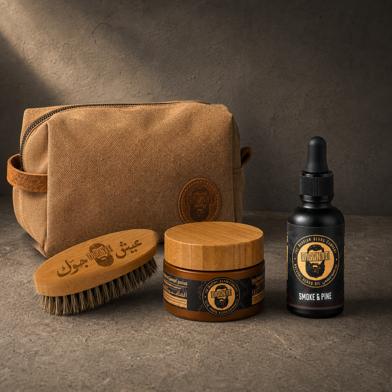 Diggn’It Giftable No-Brainer Kit with Smoke & Pine scent and Canvas Brown travel bag