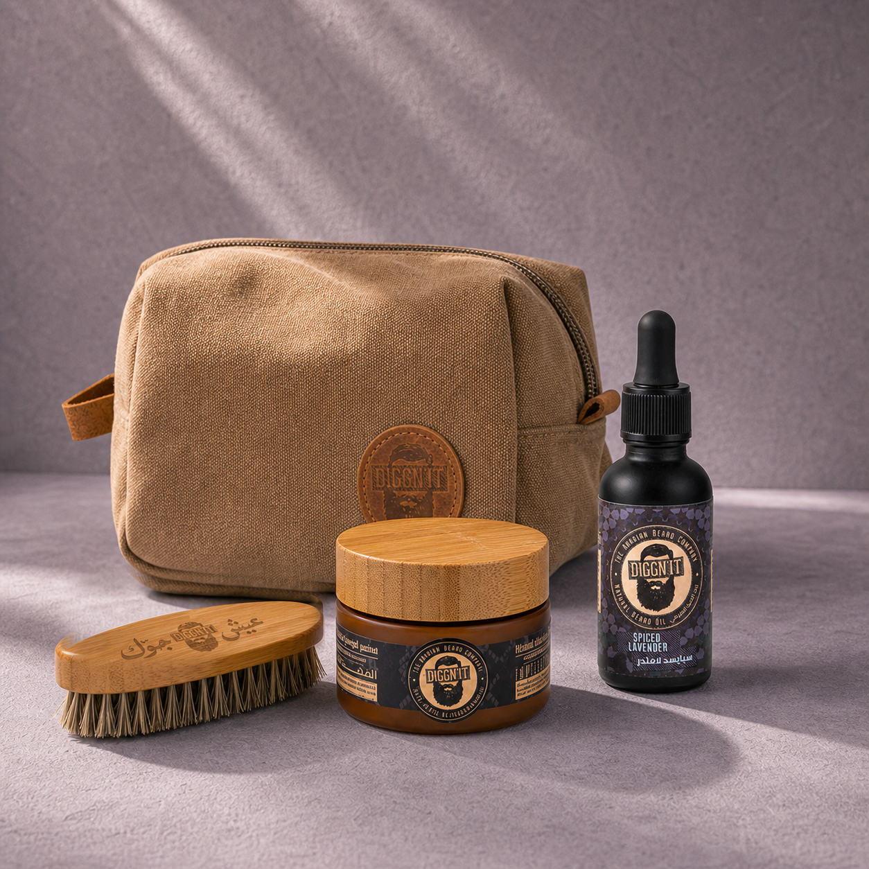 Diggn’It Giftable No-Brainer Kit with Spiced Lavender scent and Canvas Brown travel bag