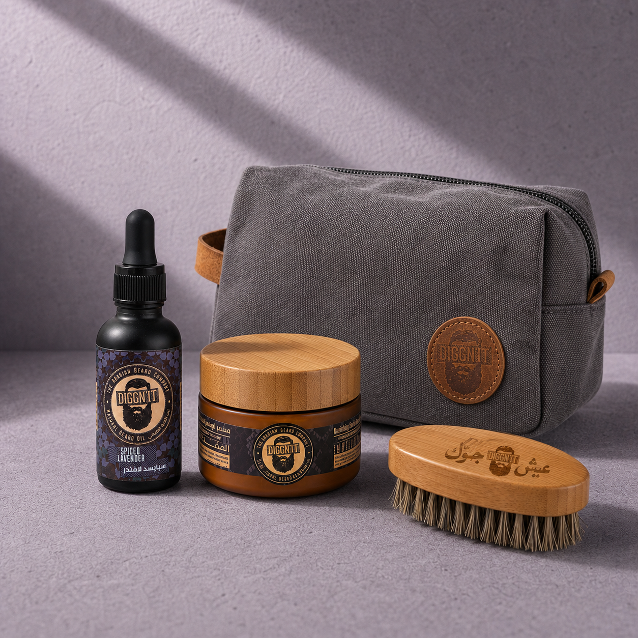 Diggn’It Giftable No-Brainer Kit with Spiced Lavender scent and Canvas Grey travel bag