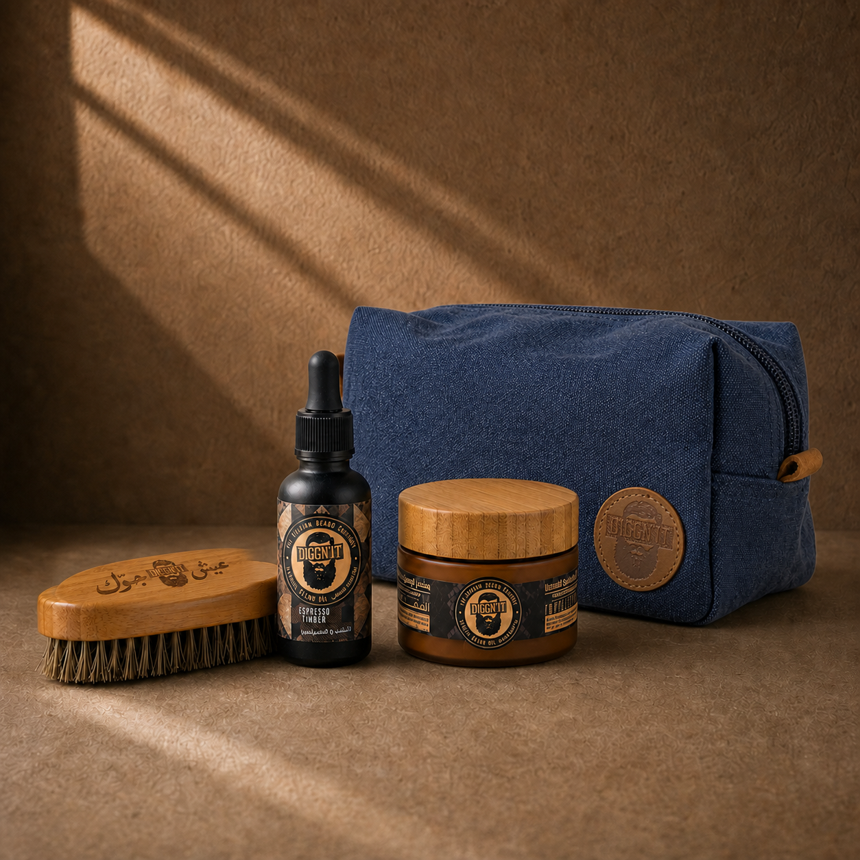 Diggn’It Giftable No-Brainer Kit with Espresso Timber scent and Denim travel bag