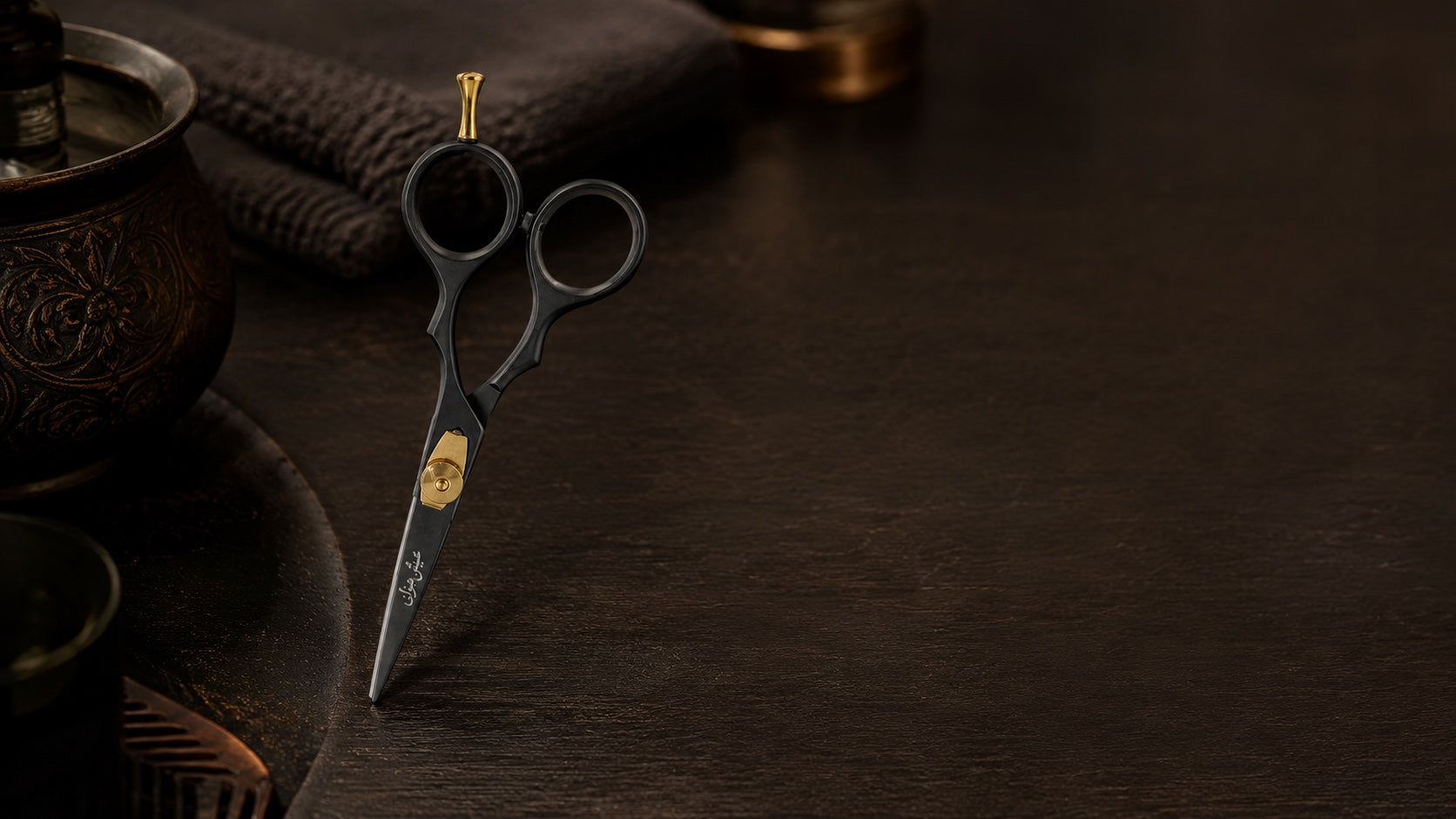 DiggnIt beard and mustache grooming scissors on a dark wood surface