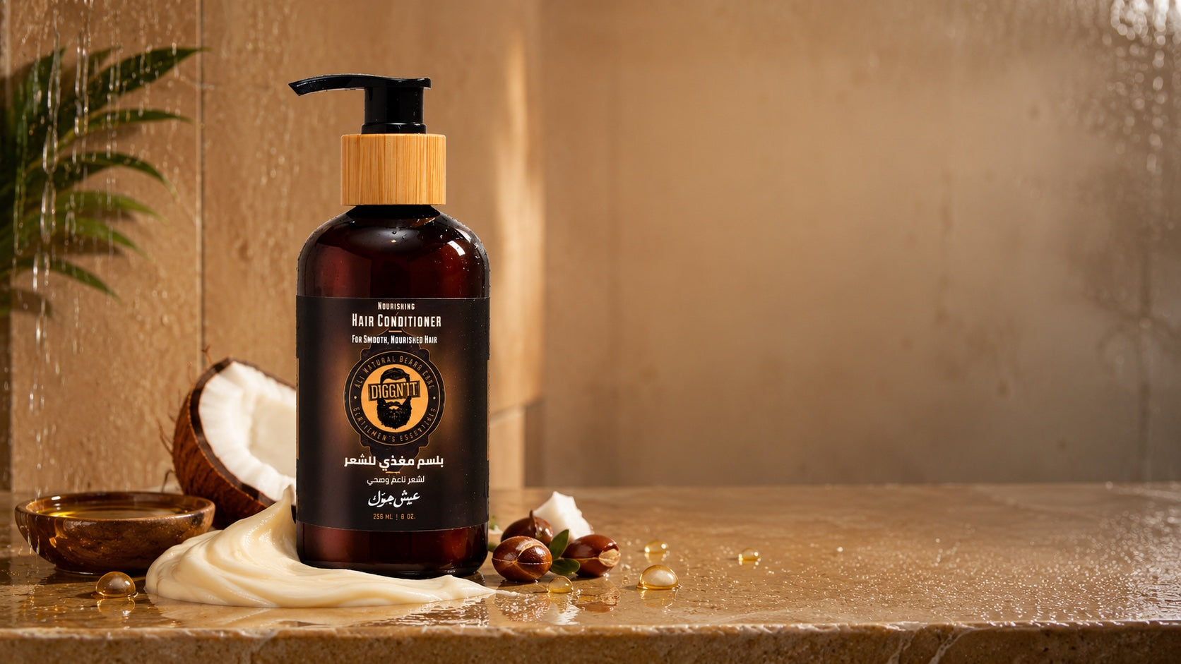 DiggnIt Nourishing Hair Conditioner MISK with coconut, jojoba, creamy conditioner texture, and moisture droplets