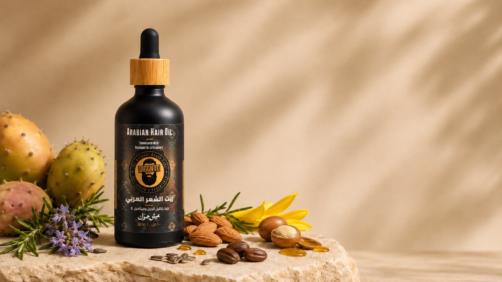 DiggnIt Arabian hair oil with jojoba, sunflower, almond, argan, prickly pear, rosemary, and clary sage