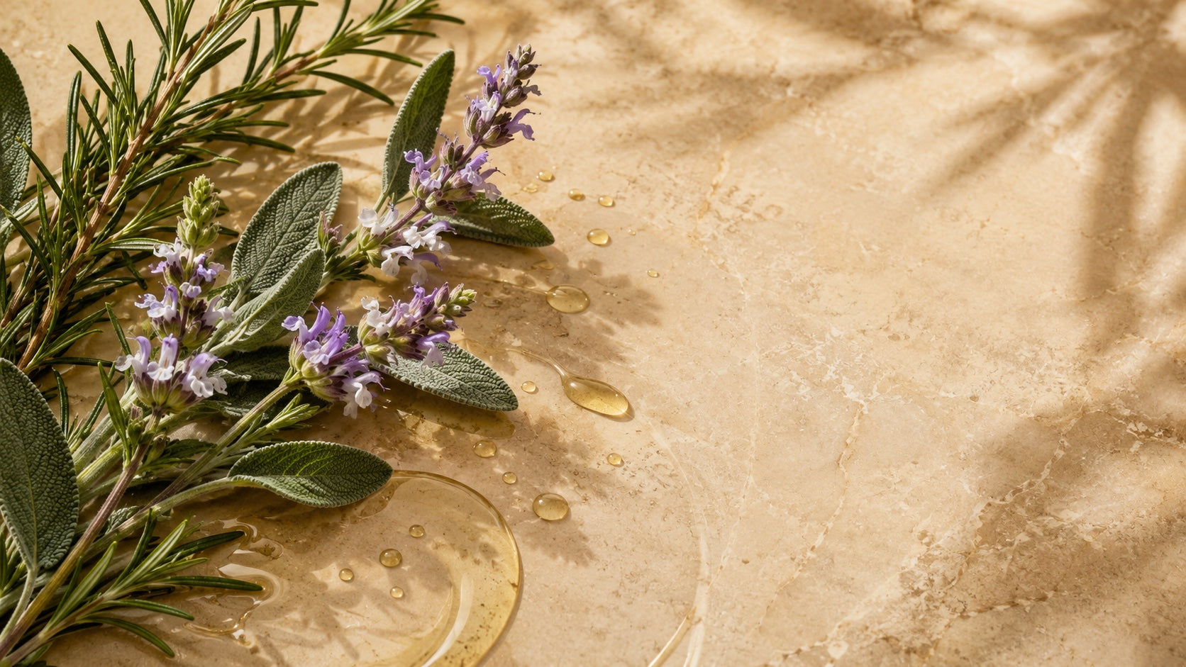Rosemary and clary sage with oil drops on stone