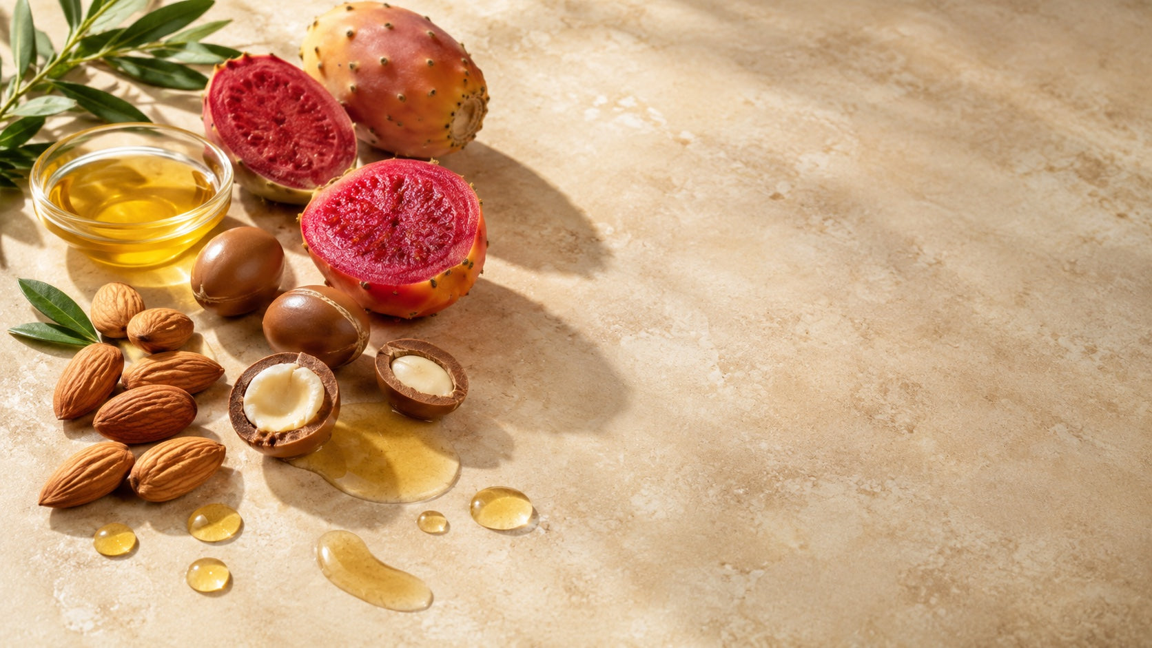 Almond, argan, prickly pear, and golden oil drops on stone