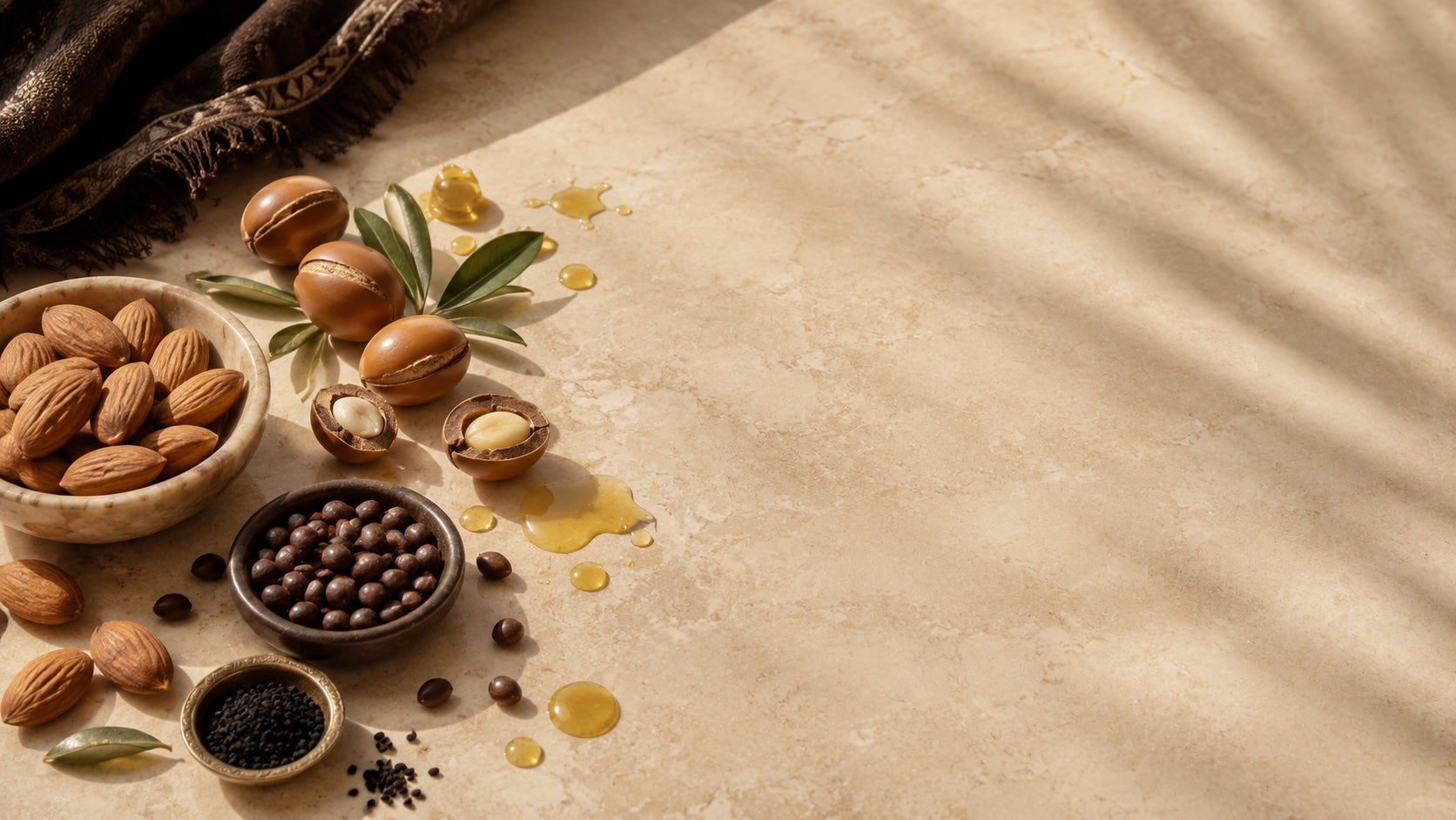 Almond, argan, grape seed, black seed, and oil drops on stone