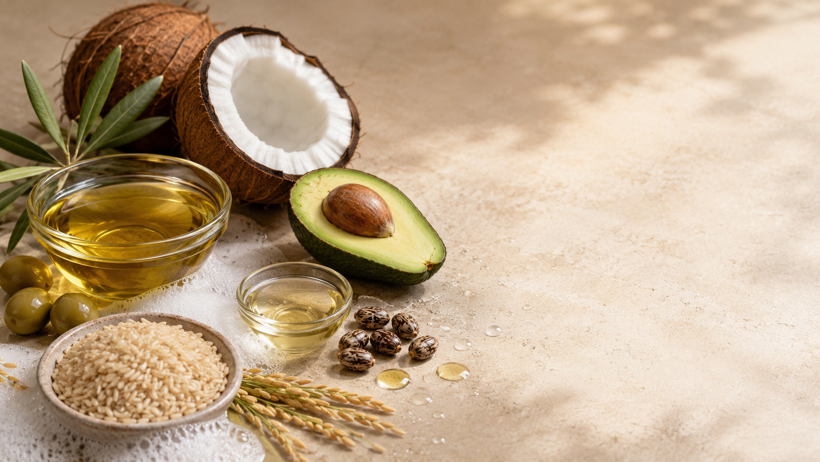 Olive oil, coconut, avocado, castor oil, and rice bran on stone