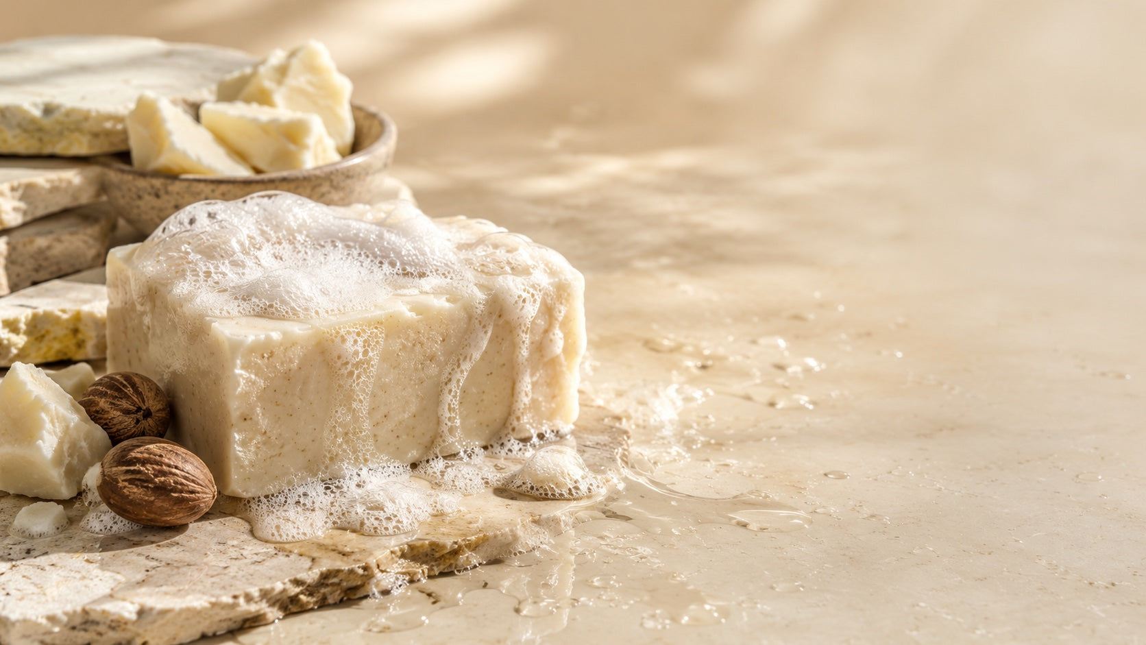 Shea butter and creamy soap lather on stone