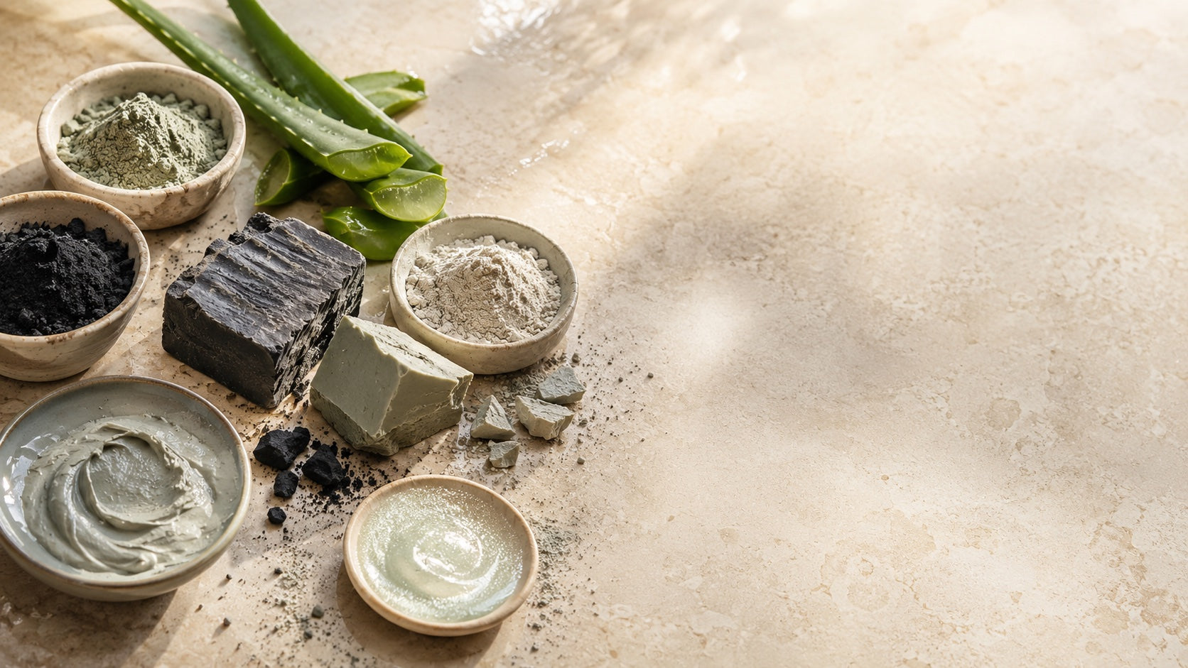 Green clay, charcoal, bentonite, aloe, and soap fragments on stone