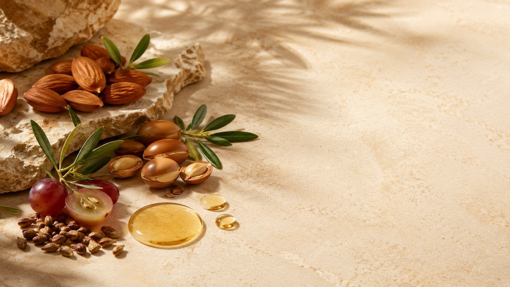 Almond, argan, grape seed, and oil drops on a stone surface