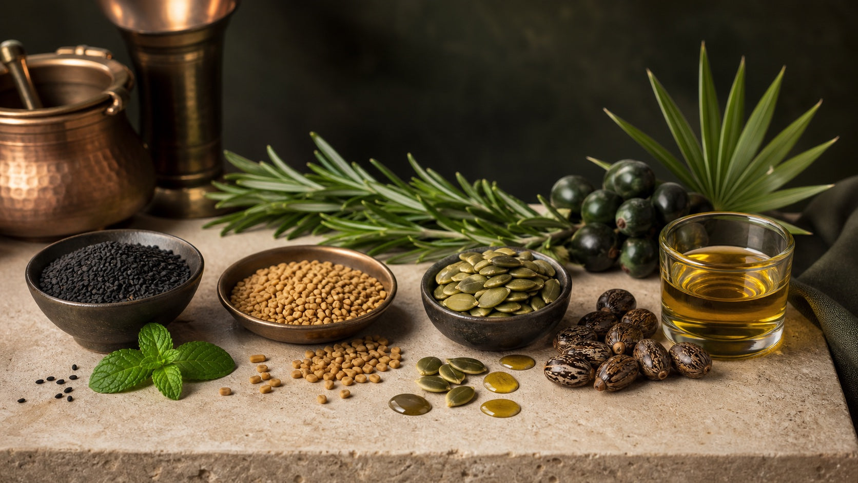 Black seed, fenugreek, pumpkin seed, castor, rosemary, and peppermint ingredients