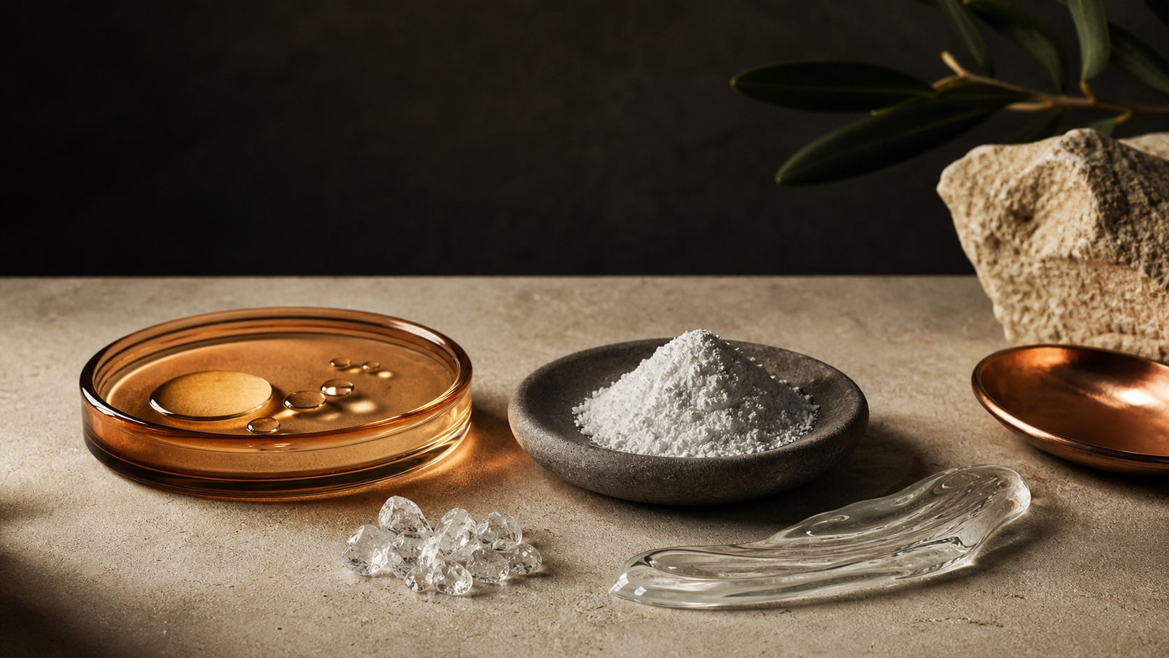 Clear serum with niacinamide, panthenol, and caffeine on warm stone