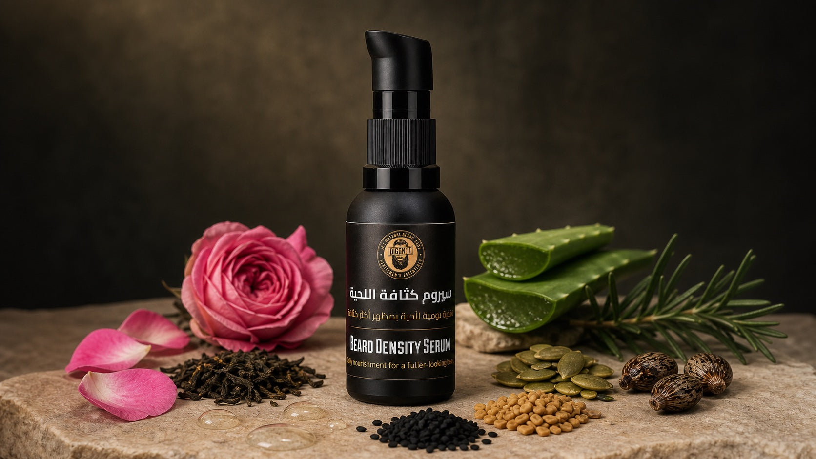 DiggnIt Beard Density Serum with rose, green tea, aloe, black seed, fenugreek, pumpkin seed, and rosemary