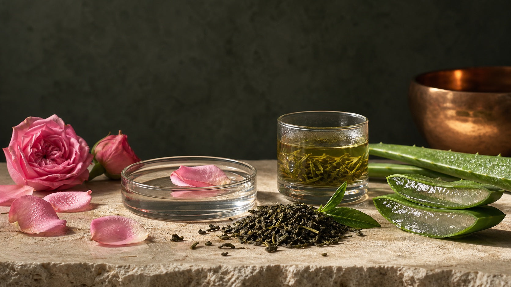 Rose water, green tea, and aloe on warm stone