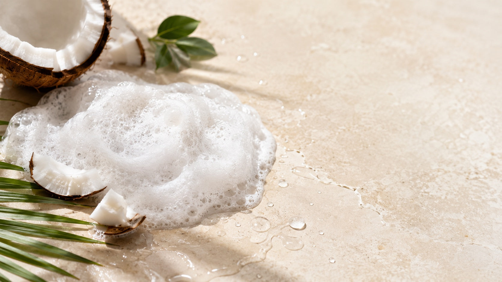 Shampoo lather with coconut and water droplets on stone