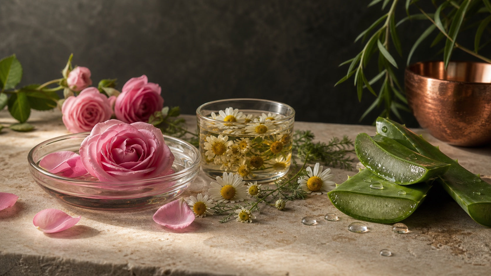 Rose water, chamomile, aloe, and clear droplets on warm stone