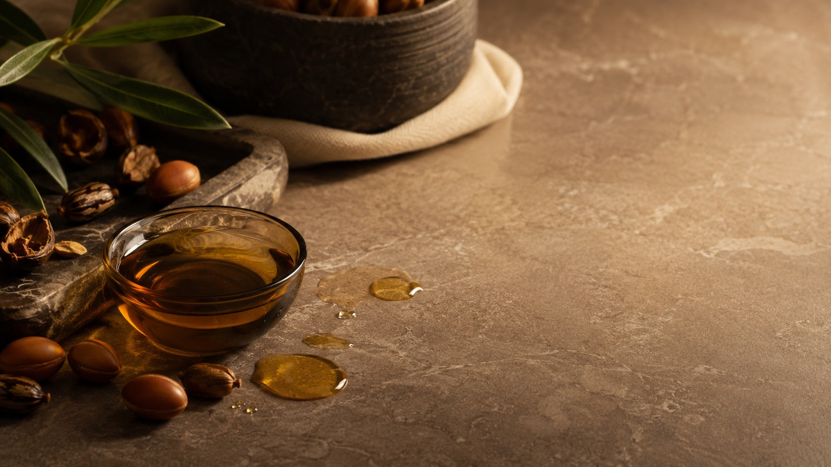 Rich conditioning oils with argan and castor on a stone surface