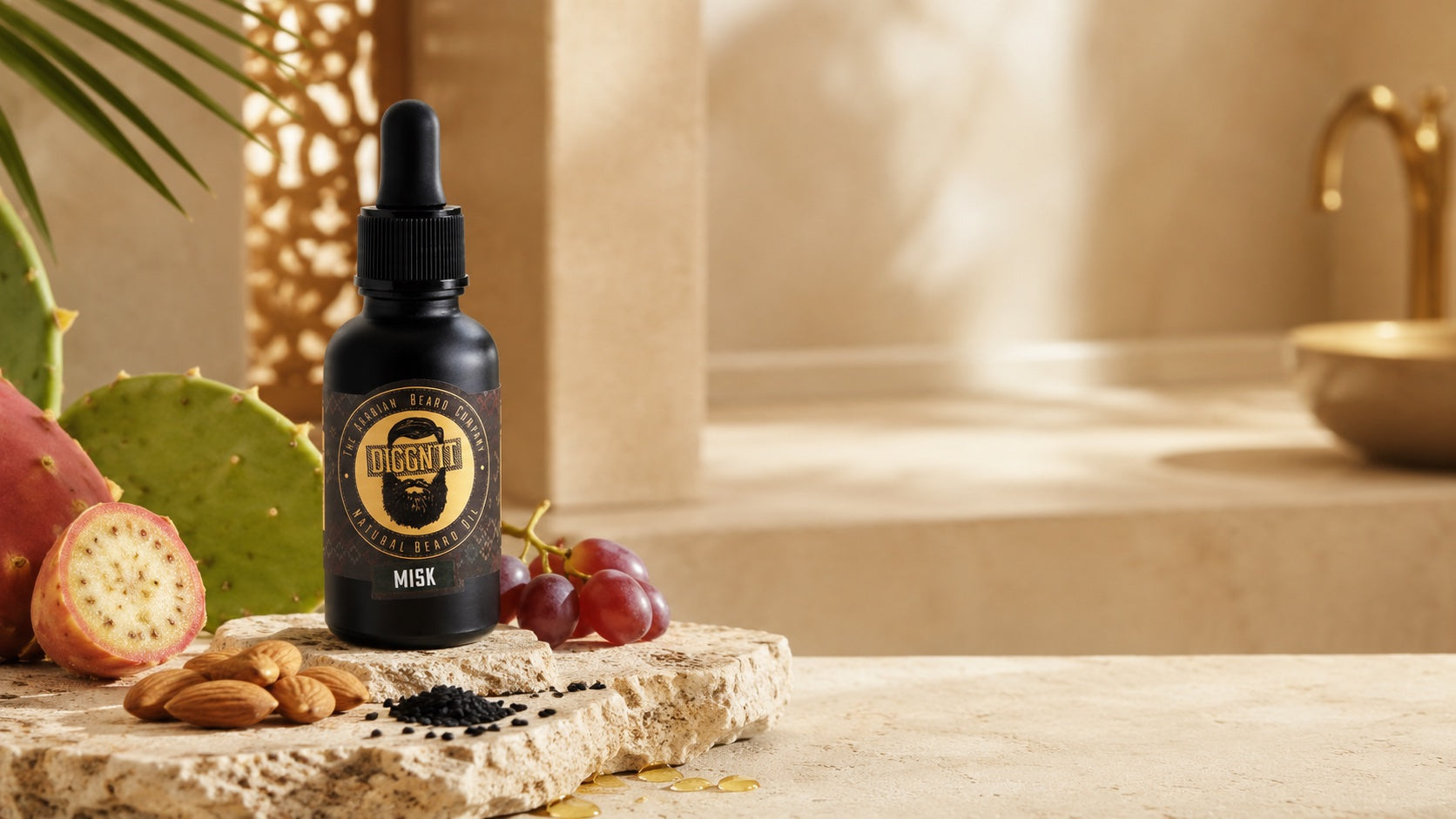 DiggnIt Misk beard oil with almond, black seed, prickly pear, and oil drops