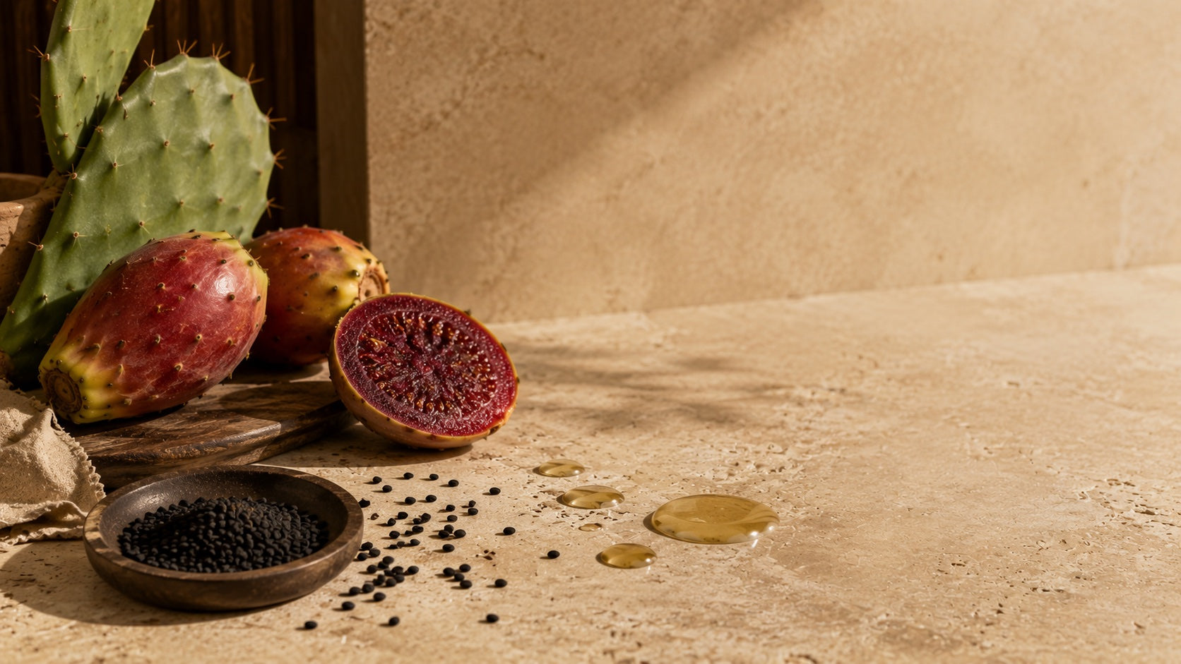 Prickly pear and black seed with oil drops on a stone surface
